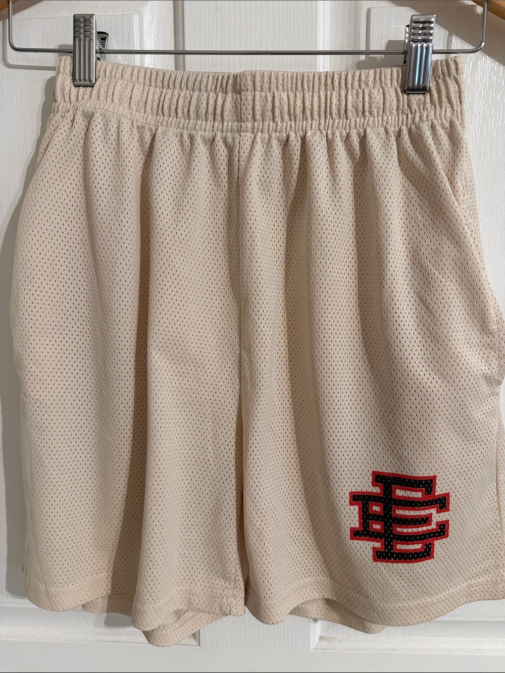 Men’s Eric Emanuel Beige Mesh Athletic Shorts with Red Embroidered Logo